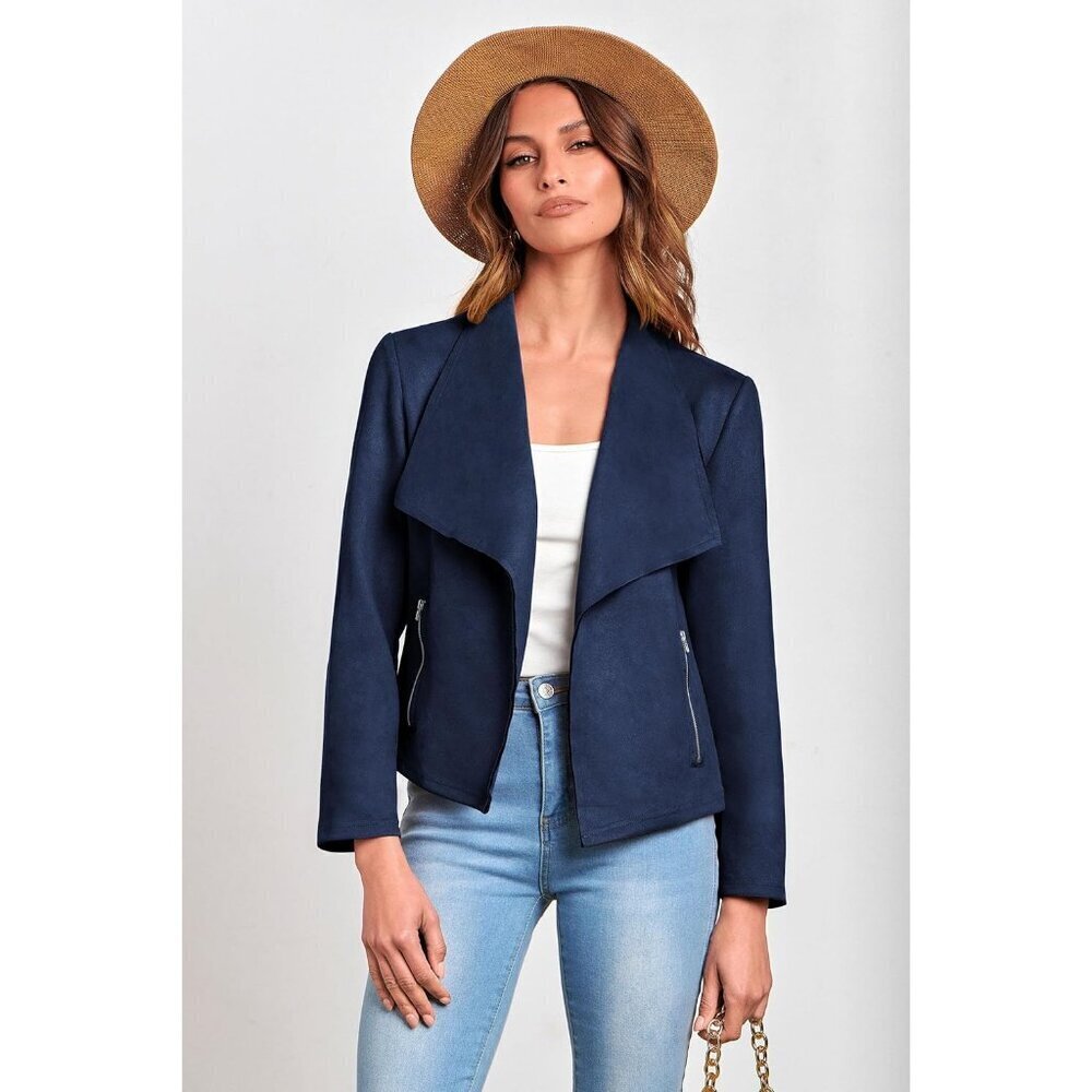 Women's Navy PRETTYGARDEN Faux Suede Jackets Fall Clothes Long Sleeve - Picture 7 of 9